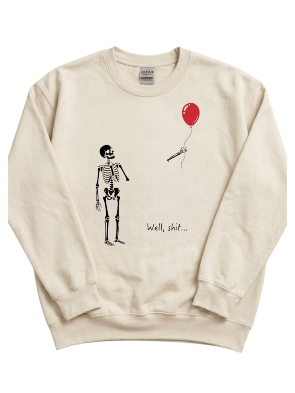 Gildan Cream Crewneck Sweatshirt with Black Skeleton & Red Balloon Graphic